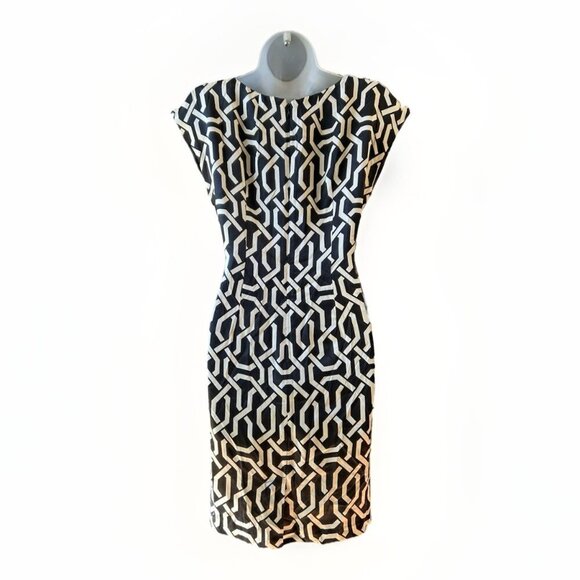 INC Silk Sheath Dress Black/White Cap Sleeve Midi Women's Size 4 Cocktail Dress - Picture 2 of 7
